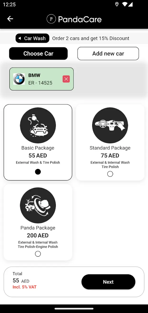 Panda Care app screen for choosing a car wash package